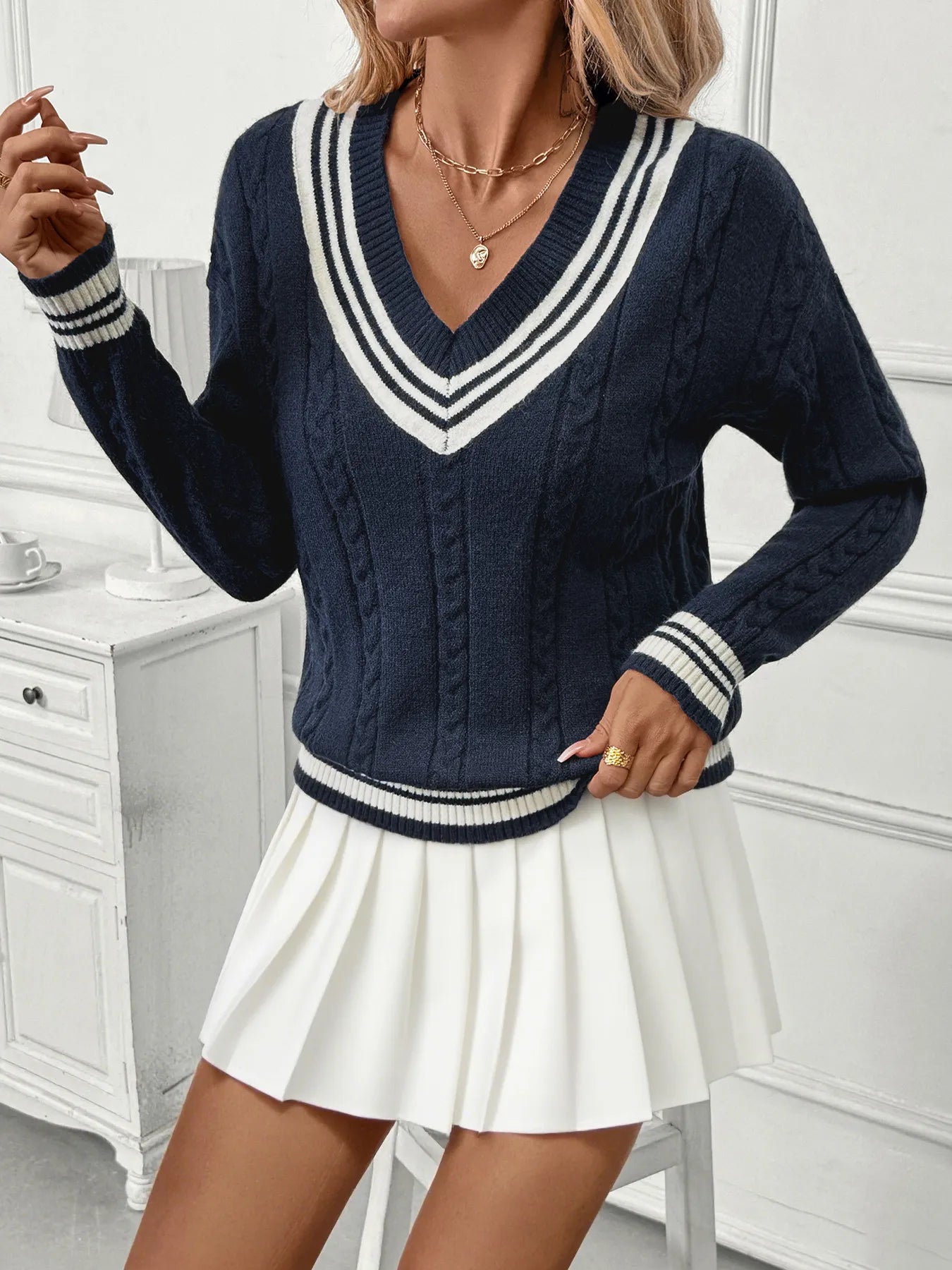 Contrast Striped V-Neck Sweater OutfitFlow