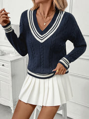 Contrast Striped V-Neck Sweater OutfitFlow