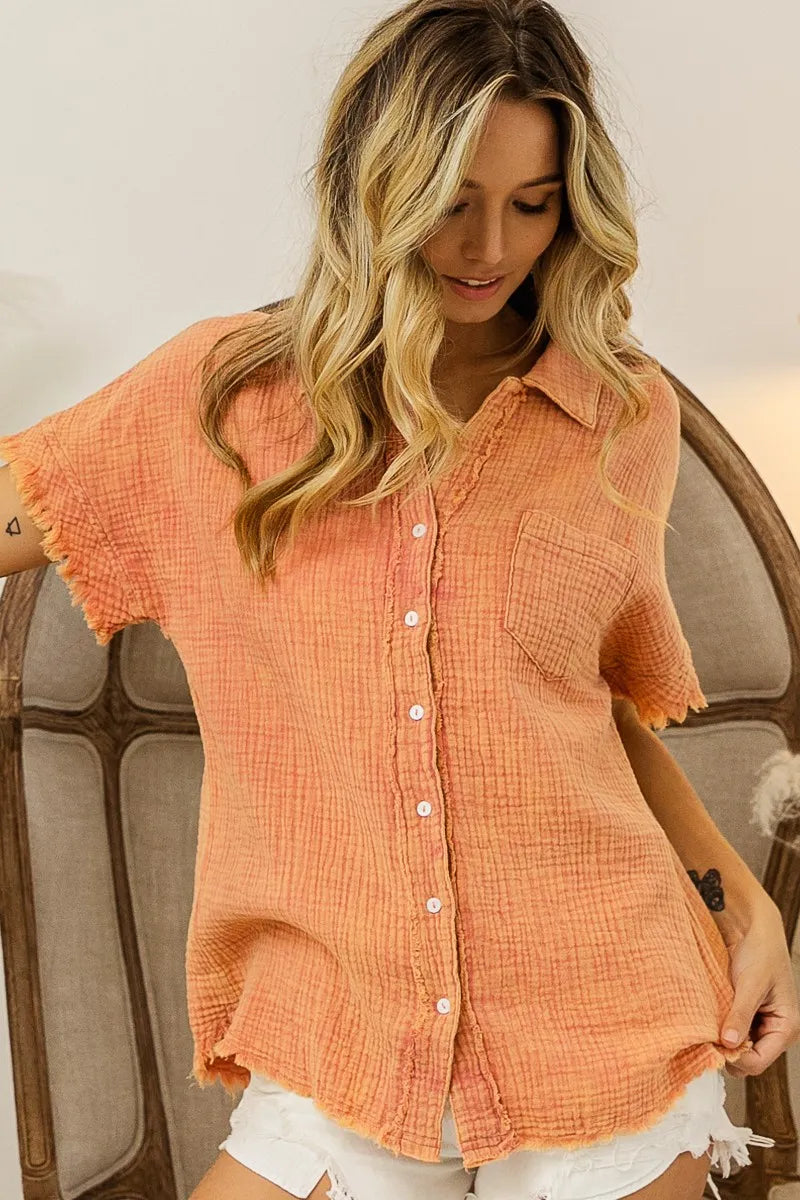 BiBi Mineral Washed Buttoned Up Shirt Top OutfitFlow