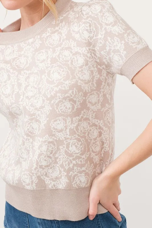And The Why Short Sleeve Rose Pattern Knit Top OutfitFlow
