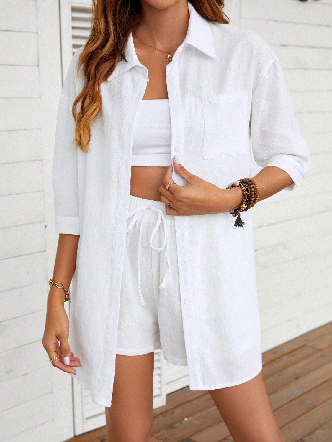 Outfit Flow - Dropped Shoulder Button Up Shirt and Shorts Set