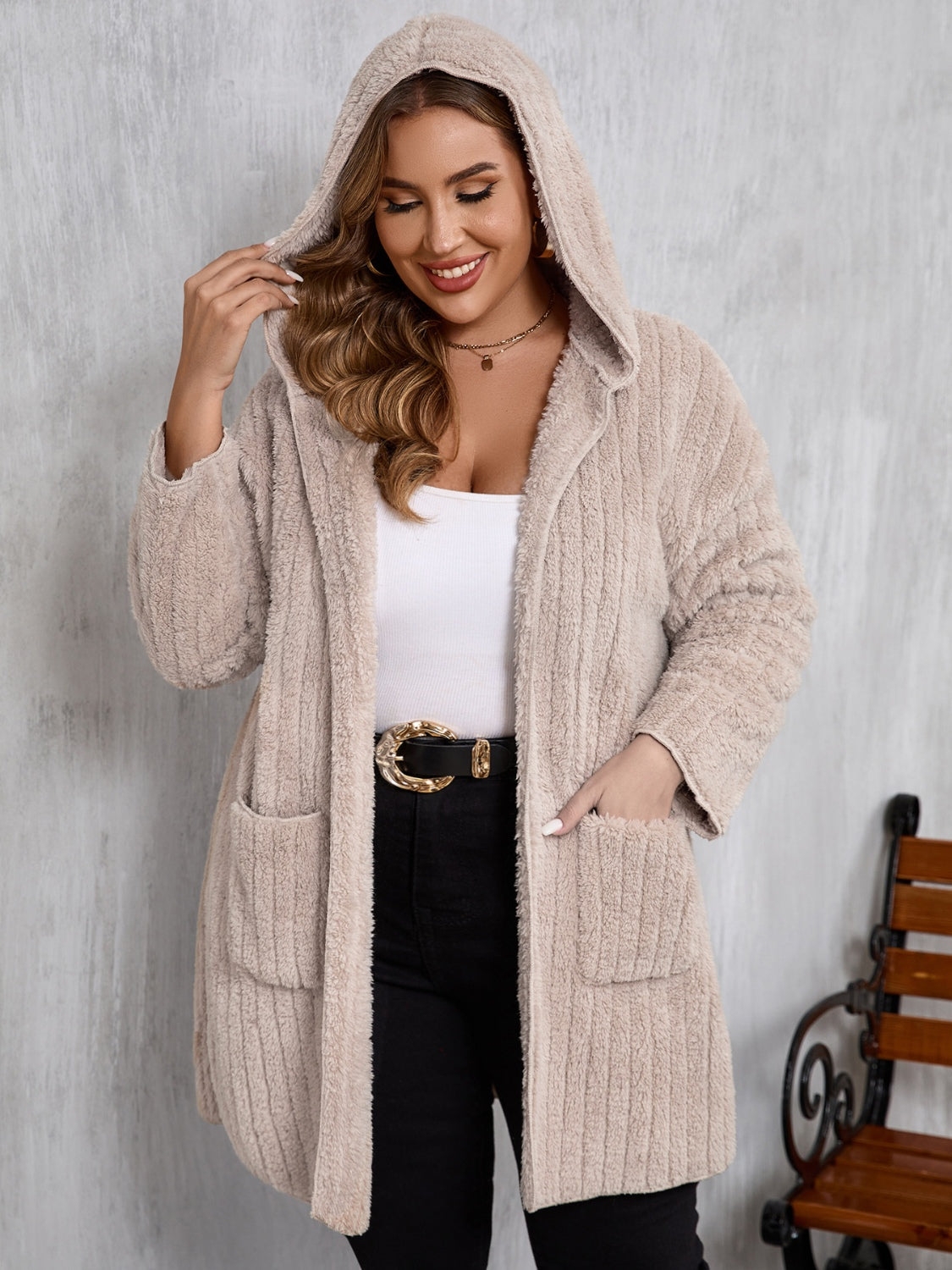 Outfit Flow - Plus Size Open Front Long Sleeve Hooded Fuzzy Jacket