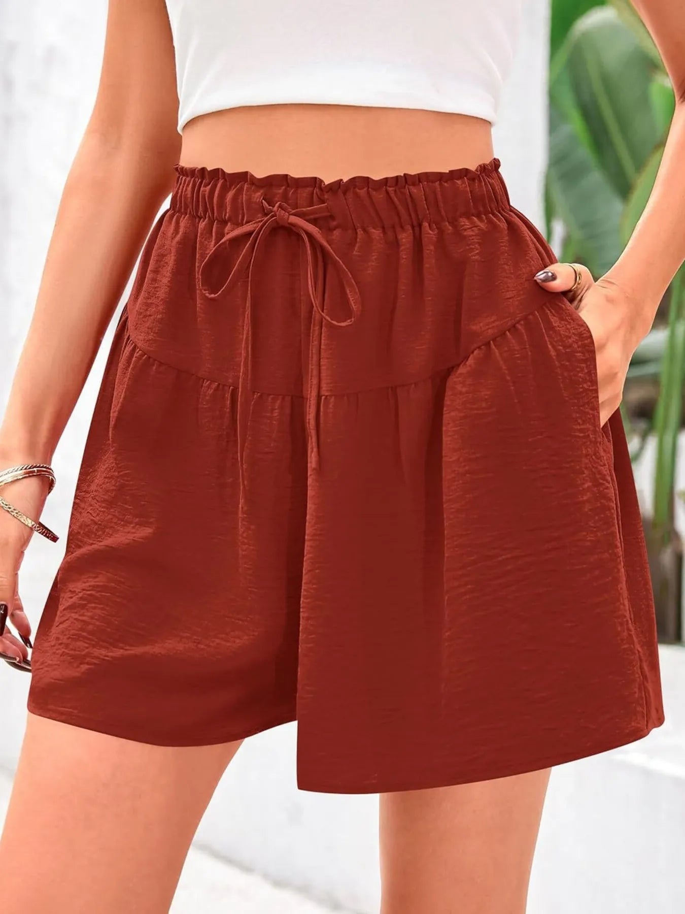 Full Size Casual Drawstring High Waist Relaxed Shorts Plus Size Rust OutfitFlow