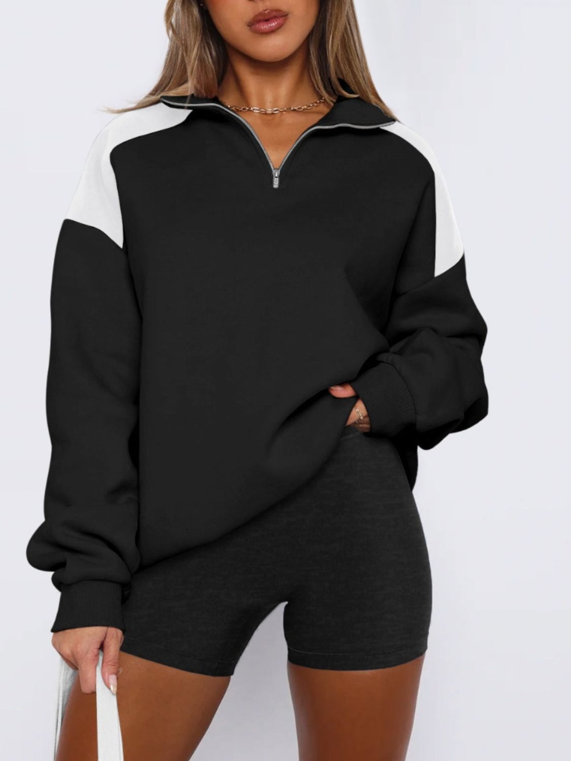 Outfit Flow - Contrast Quarter Zip Long Sleeve Sweatshirt