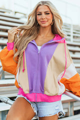 Outfit Flow - Drawstring Color Block Zip Up Long Sleeve Hoodie