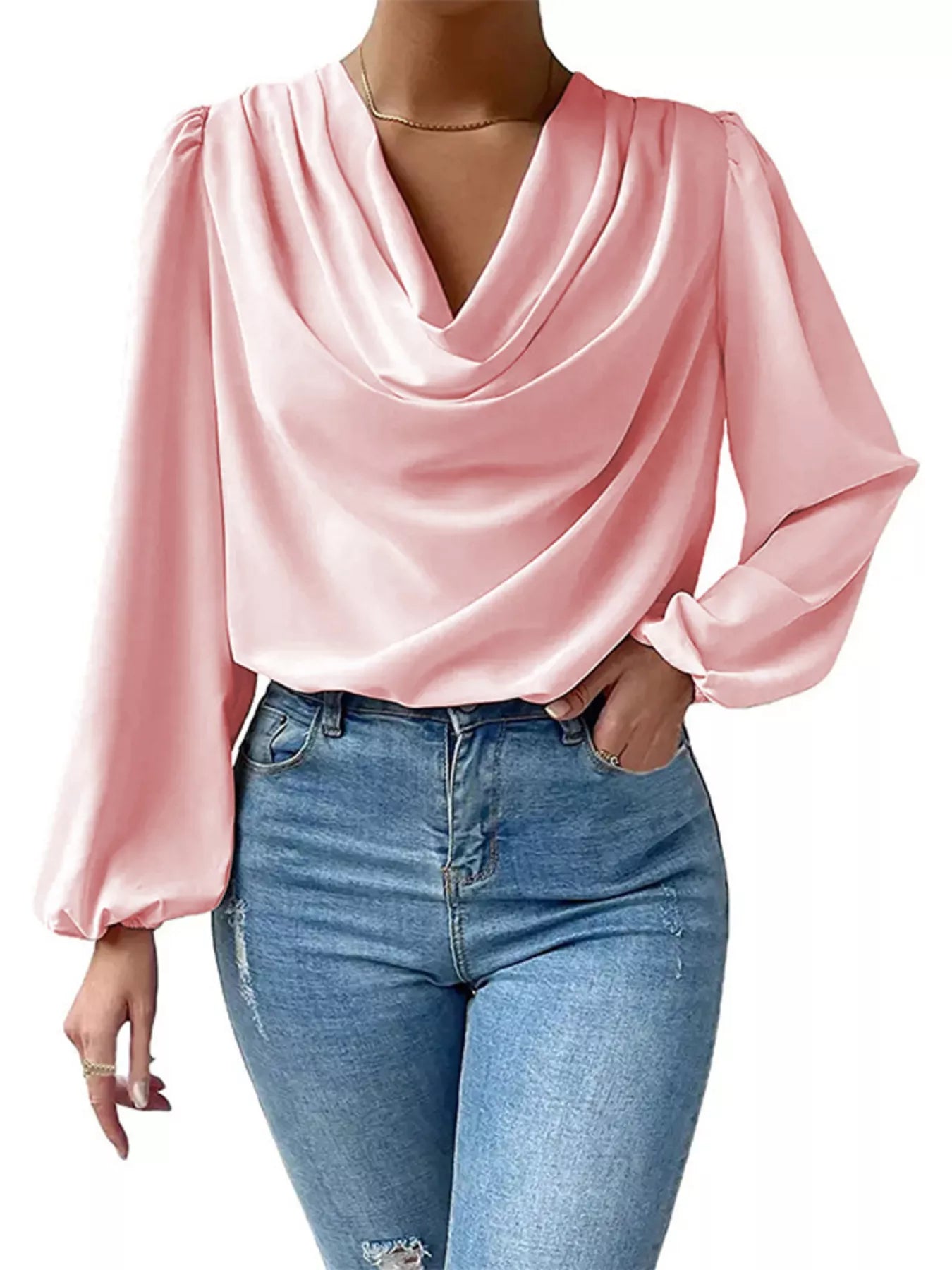 Full Size Cowl Neck Balloon Sleeve Blouse Plus Size Pink OutfitFlow