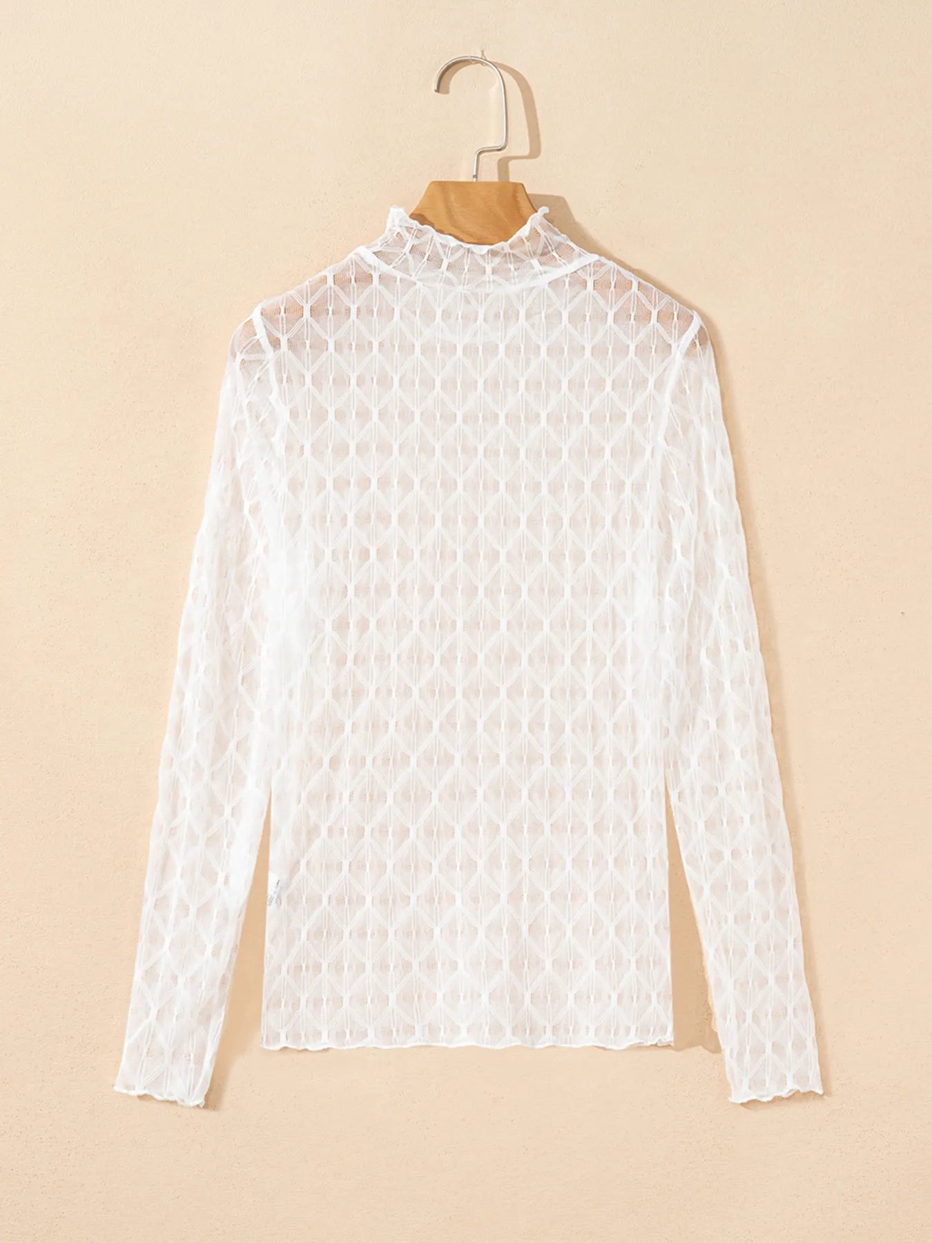 Sheer Mesh Patterned Lettuce Trim Slim Long Sleeve Top OutfitFlow