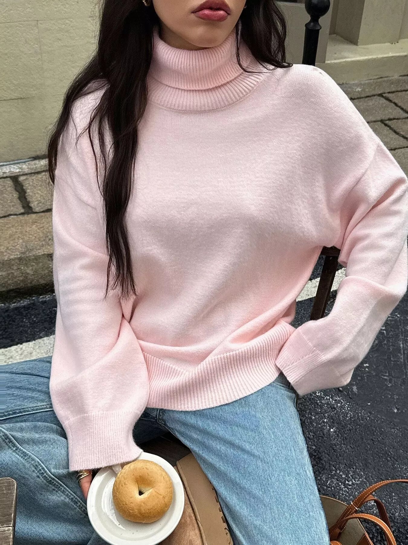 Turtleneck Long Sleeve Sweater Pink OutfitFlow