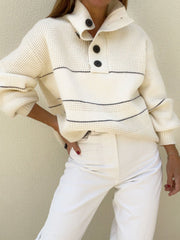 Outfit Flow - Waffle-Knit Half Button Long Sleeve Sweater