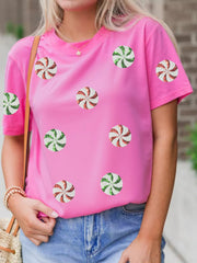 Sequined Candy Swirl Christmas Short Sleeve T Shirt OutfitFlow