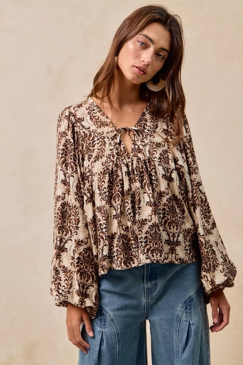 BiBi Printed Woven Front Tied Blouse with Baloon Sleeve OutfitFlow