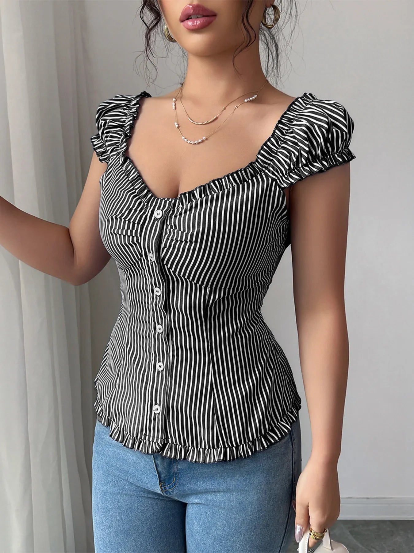 Striped Cap Sleeve Shirt Black OutfitFlow