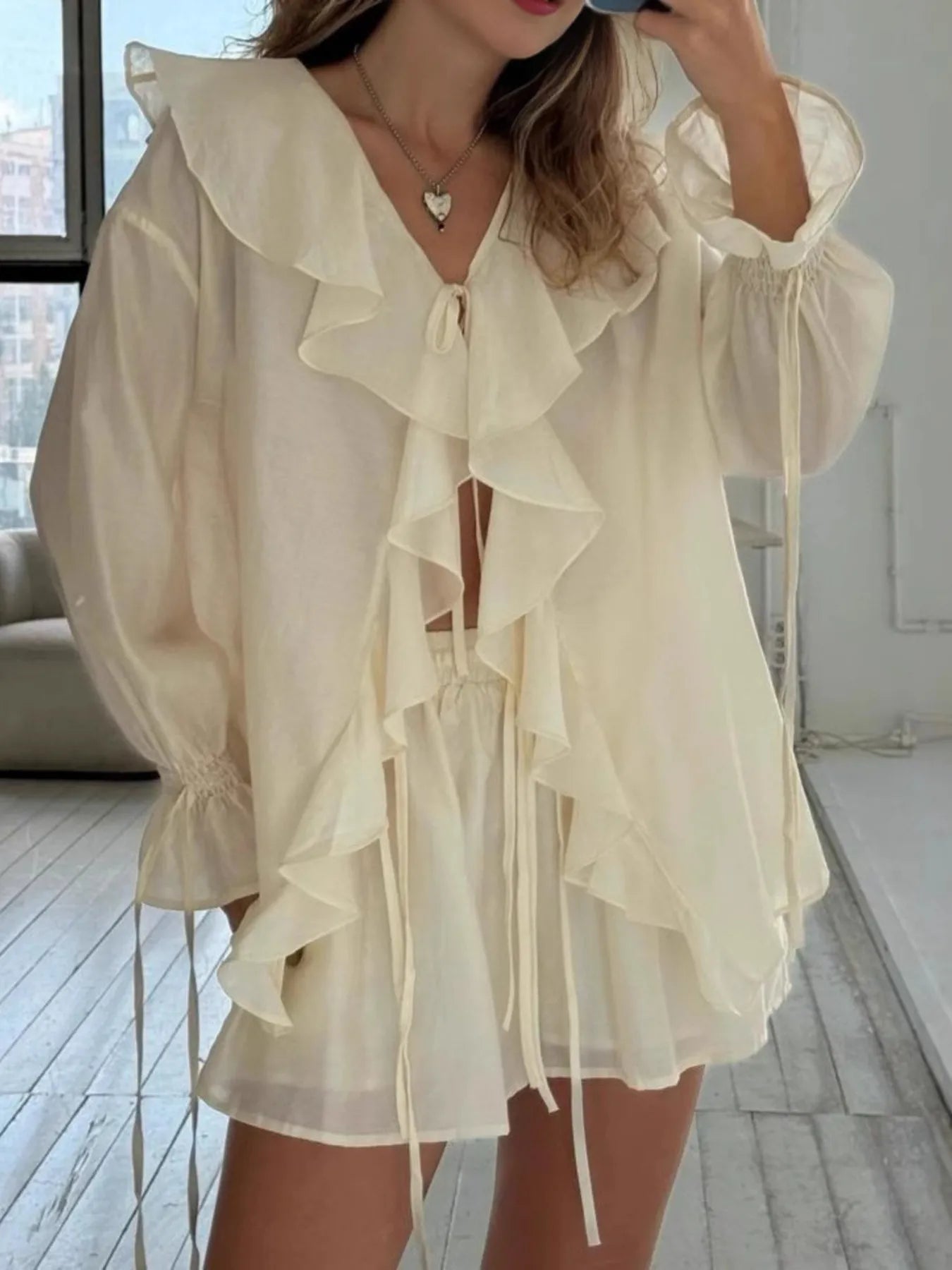 Ruffled Long Sleeve Shirt and Shorts Set OutfitFlow