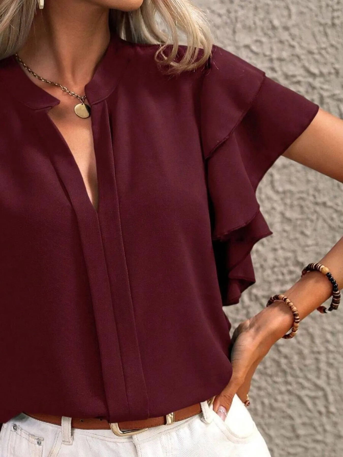 Ruffle Sleeve Notched Blouse OutfitFlow