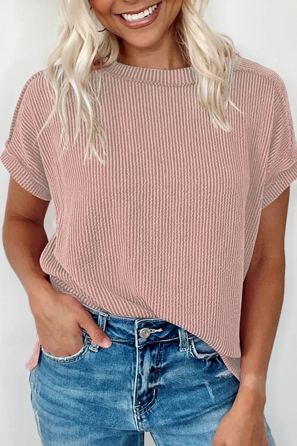 Casual Ribbed Short Sleeve Round Neck T-Shirt Dusty Pink OutfitFlow