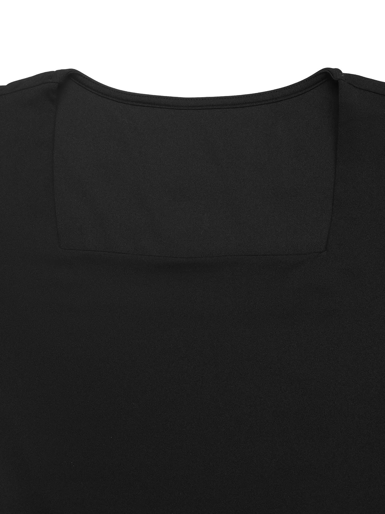 Square Neck Puff Sleeve Mesh Hem Dress OutfitFlow