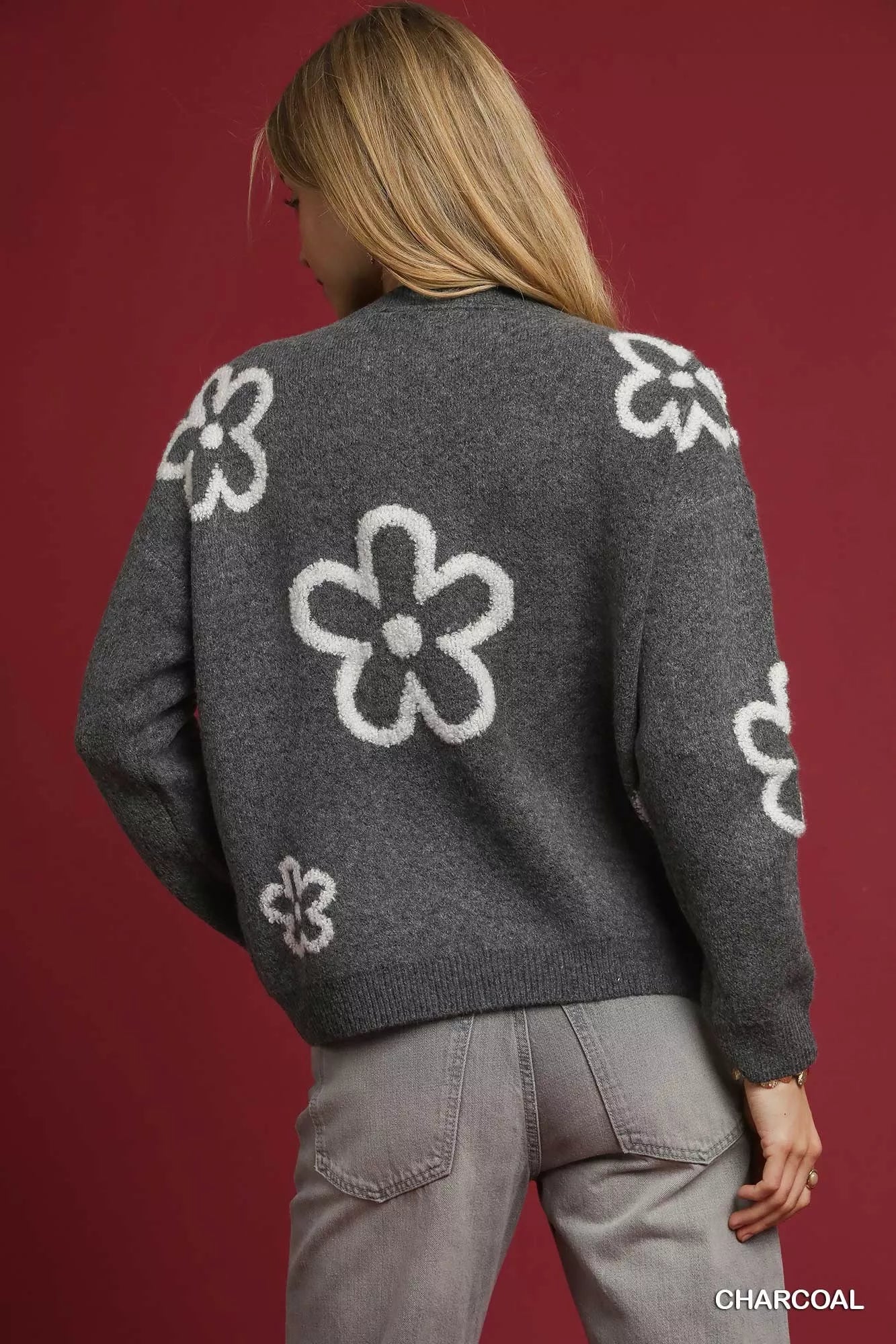 Umgee Round Neck Sweater with Floral Accents OutfitFlow
