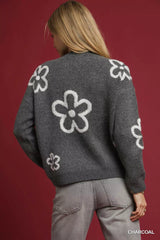 Umgee Round Neck Sweater with Floral Accents OutfitFlow
