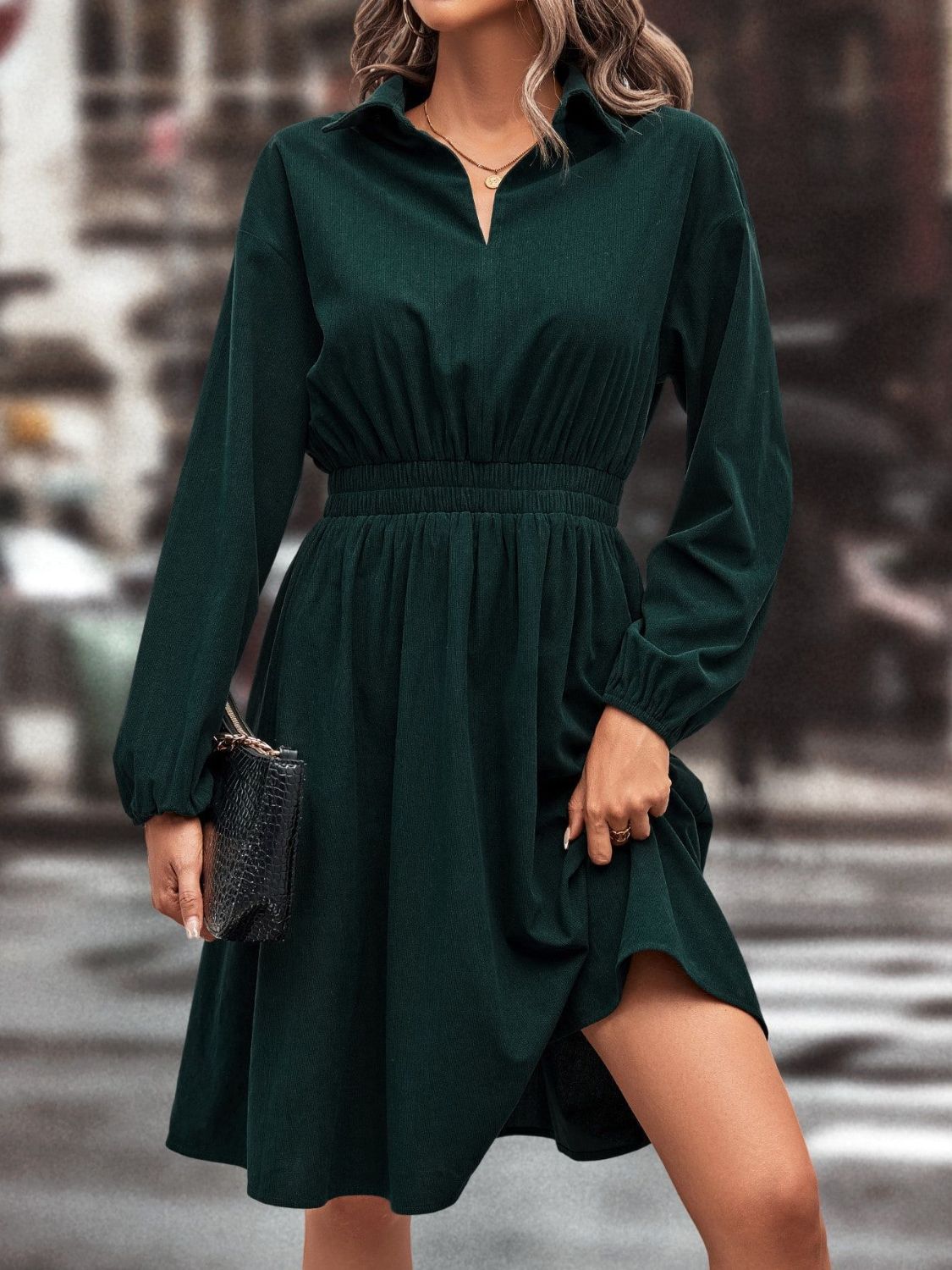 Outfit Flow - Smocked Johnny Collar Long Sleeve Dress