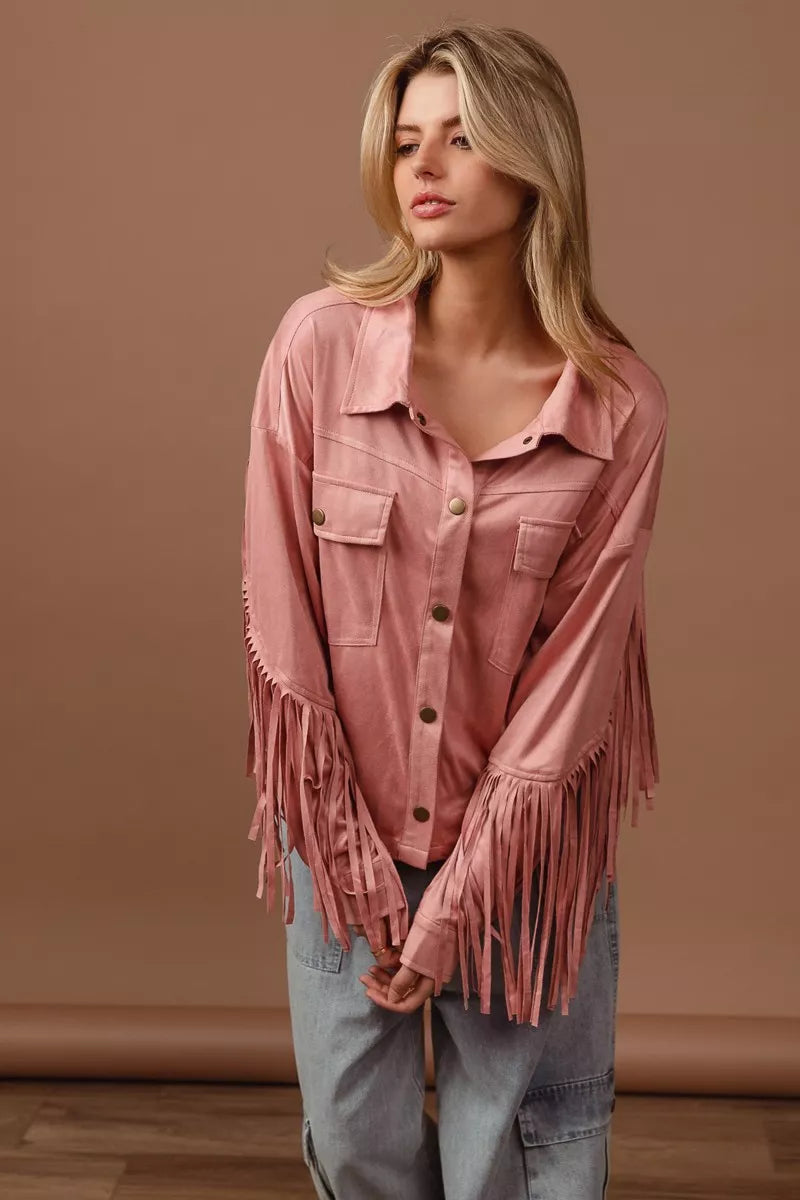 BiBi Suede Fringe Long Sleeve Jacket OutfitFlow