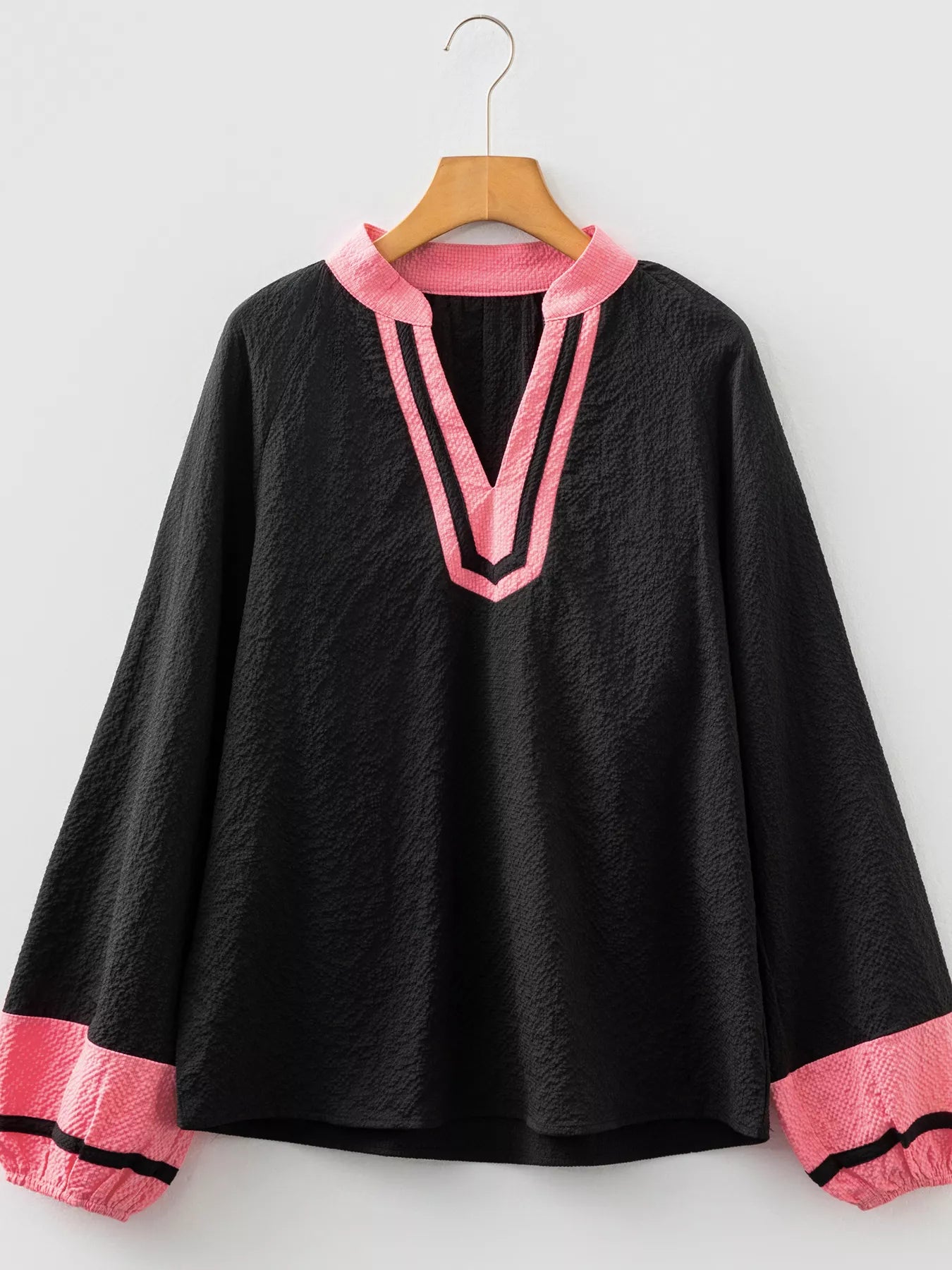 Color Block Patchwork Detail Textured Long Sleeve Blouse OutfitFlow