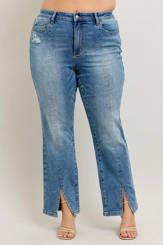 Judy Blue Full Size High Waist Vintage Wash Front Seam & Slit Straight Plus Size OutfitFlow