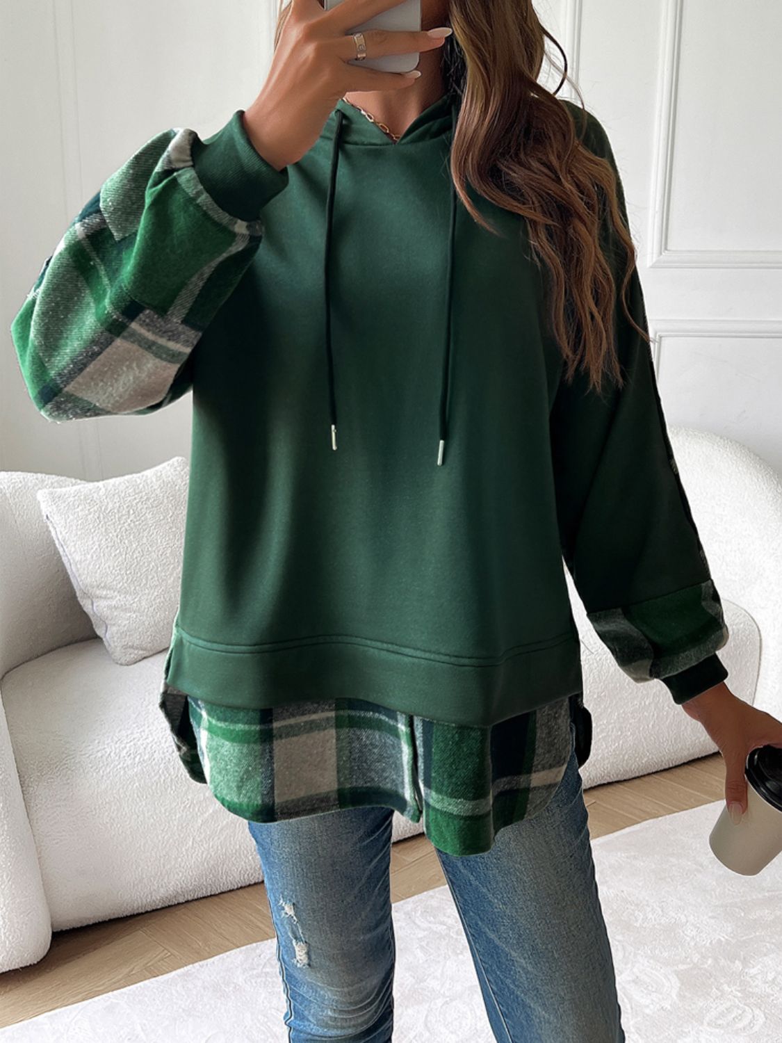 Outfit Flow - Devine Drawstring Plaid Long Sleeve Hoodie