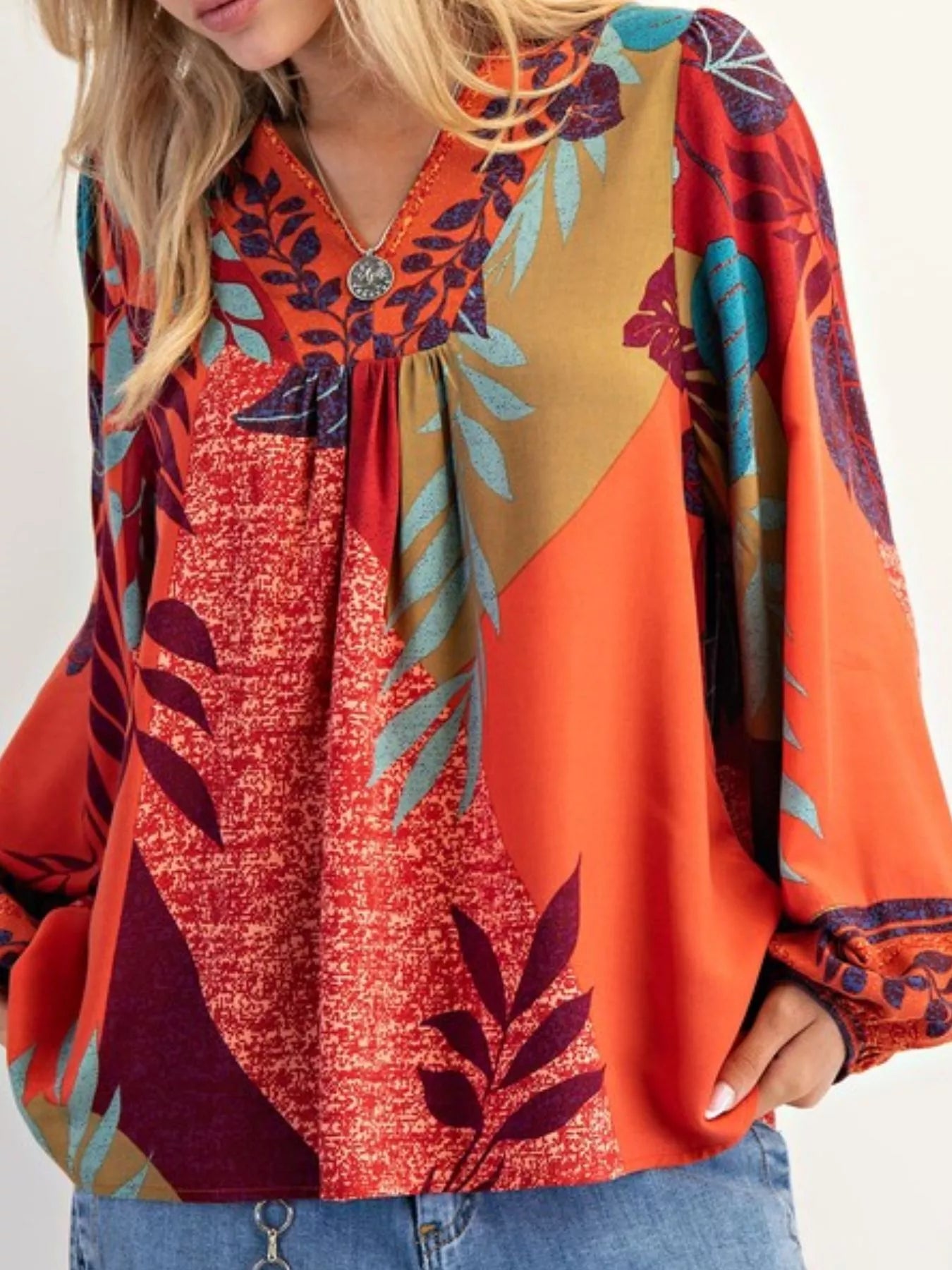Tropical Print Balloon Sleeve Blouse OutfitFlow