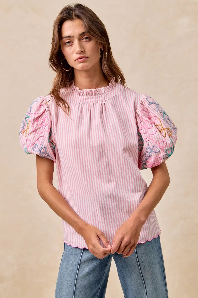 BiBi Embroidery Bubble Sleeve Top With Bottom Scallop Detail OutfitFlow