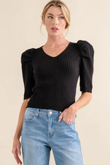 And The Why Puffed Half Sleeve Rib Basic Top Black OutfitFlow