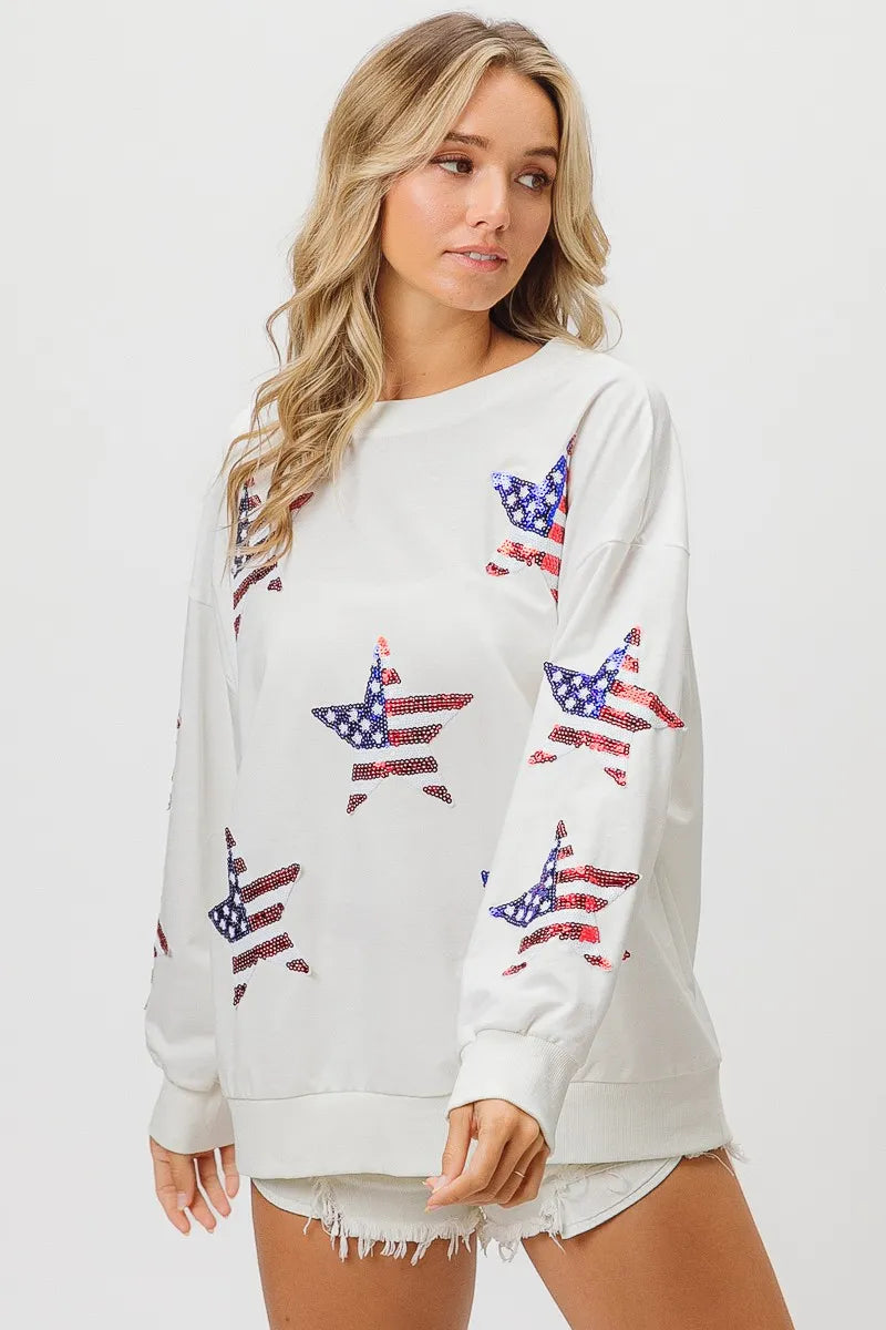 BiBi American Flag Sequin Star Sweatshirt OutfitFlow