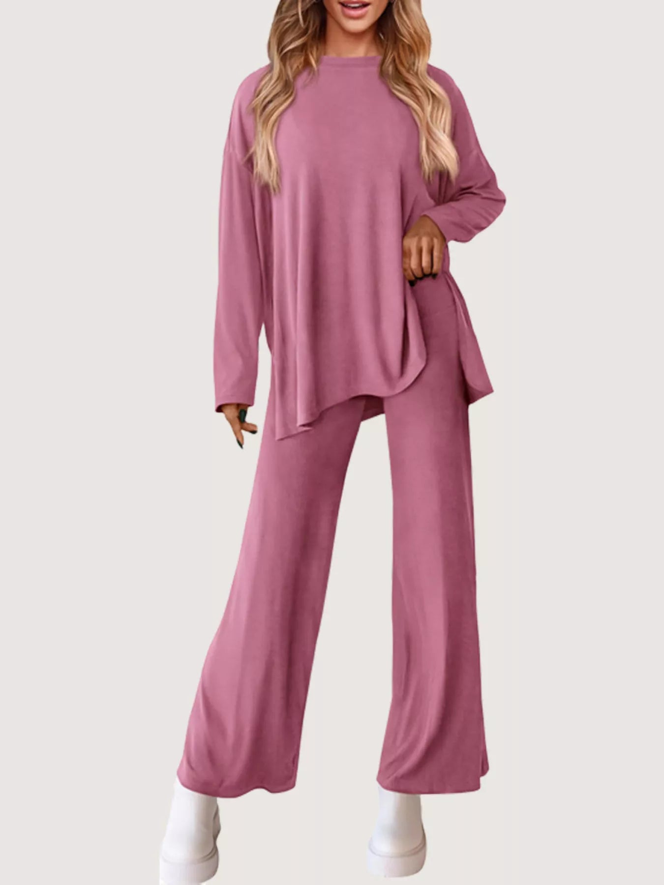 Casual Loose Long Sleeve Top and Wide Leg Pants Set Pink Trendsi