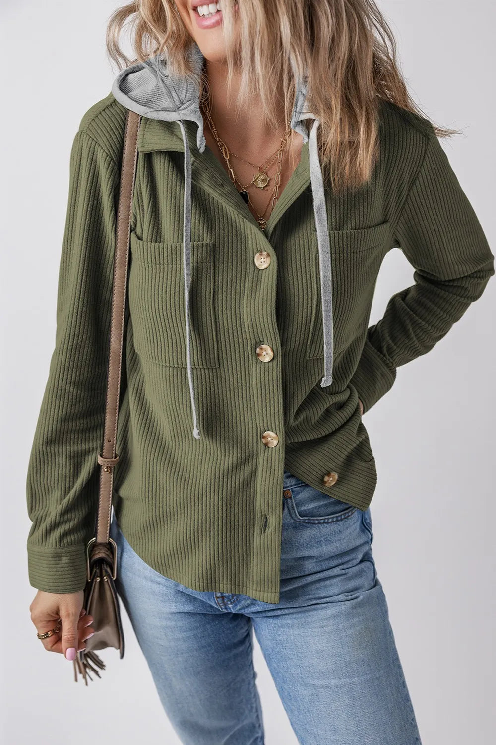 Drawstring Button Up Long Sleeve Hooded Jacket OutfitFlow