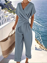 Full Size Surplice Short Sleeve Top and Pants Set Plus Size Blue OutfitFlow