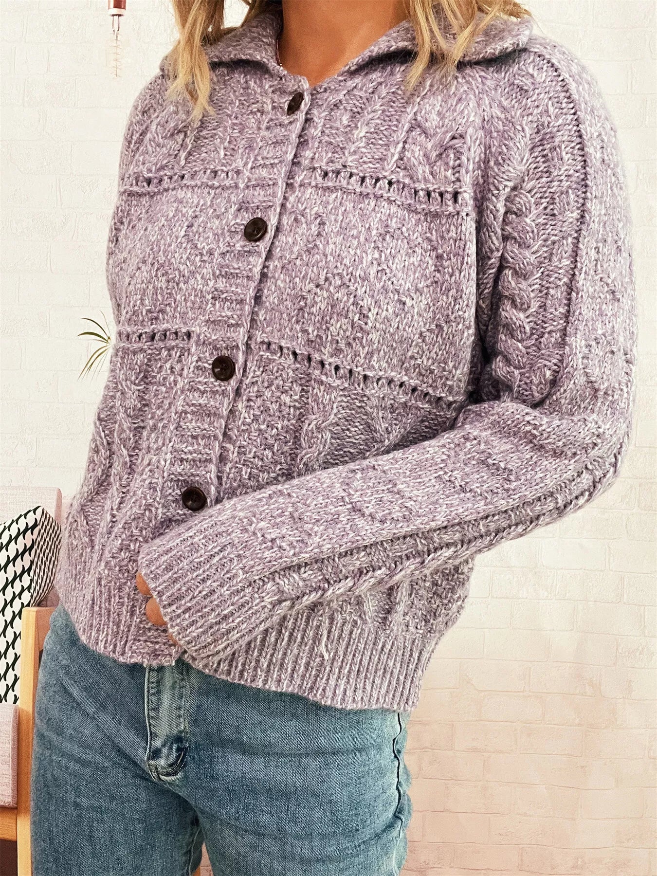 Openwork Cable Knit Button-Up Cardigan Purple One Size OutfitFlow
