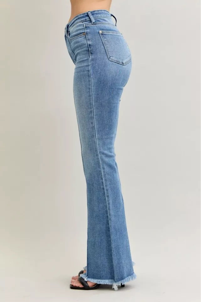 Judy Blue High Waist Flare Fray Hem Jeans with Front Pintuck Detail OutfitFlow