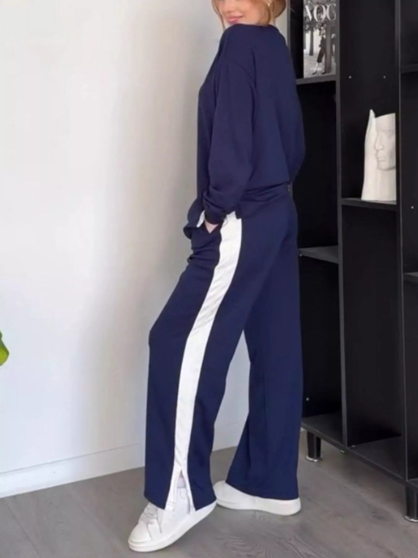 Full Size Contrast Round Neck Top and Pants Set Plus Size OutfitFlow