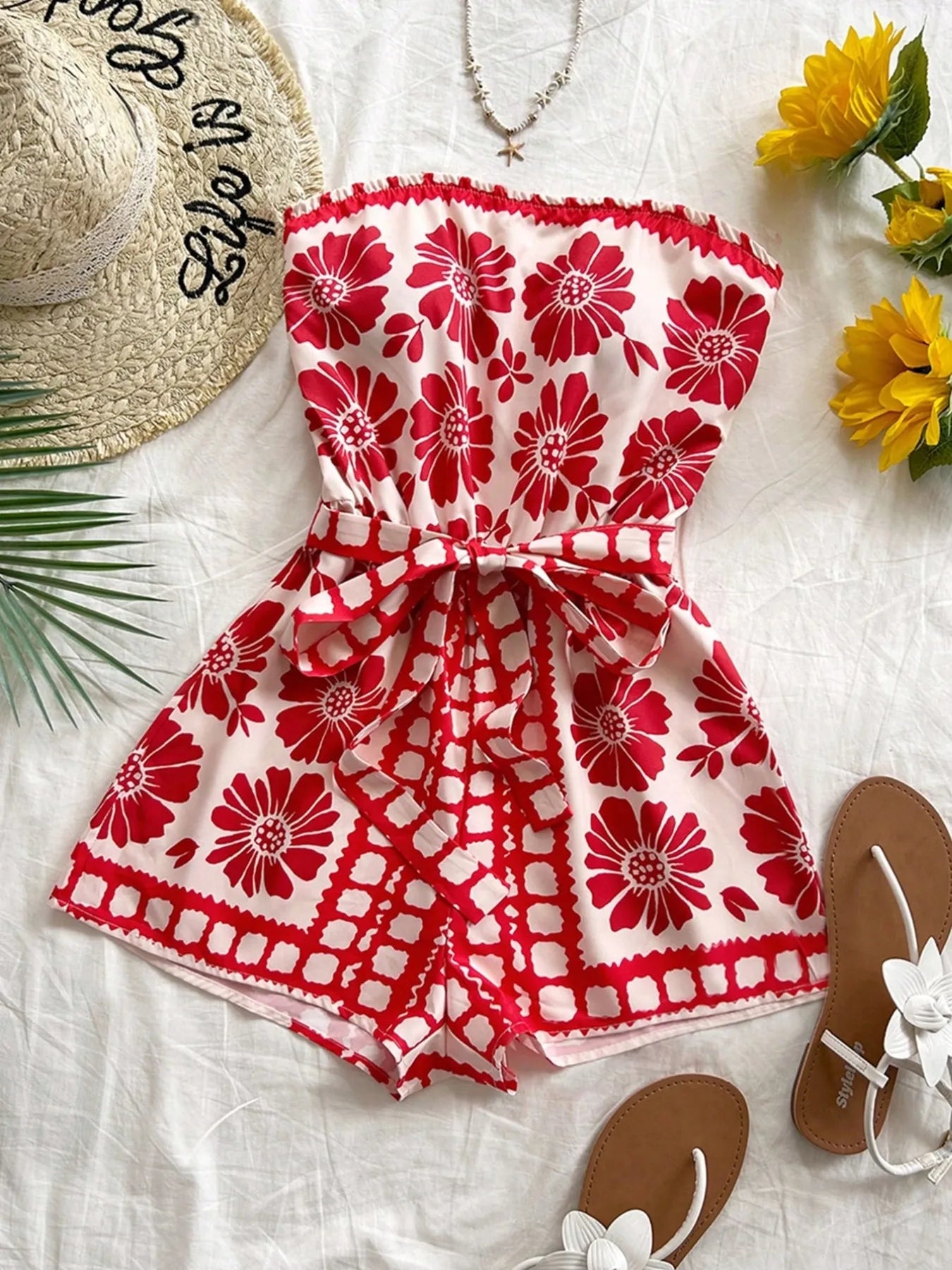 Printed Tube Tie Waist Romper OutfitFlow