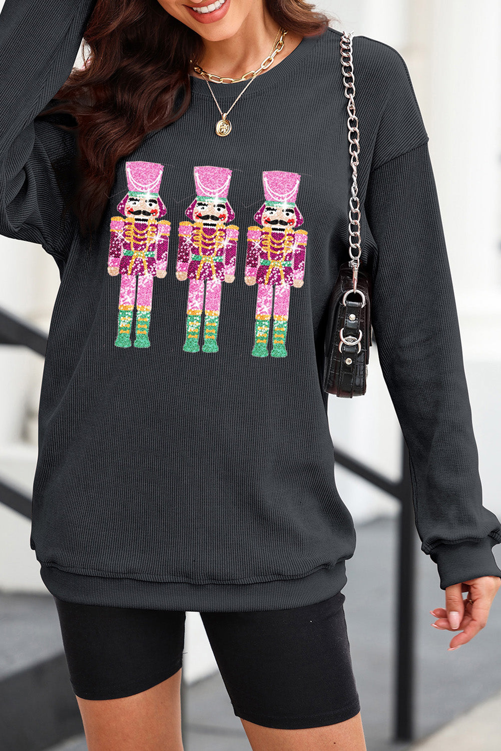 Outfit Flow - Sequin Nutcracker Round Neck Long Sleeve Sweatshirt