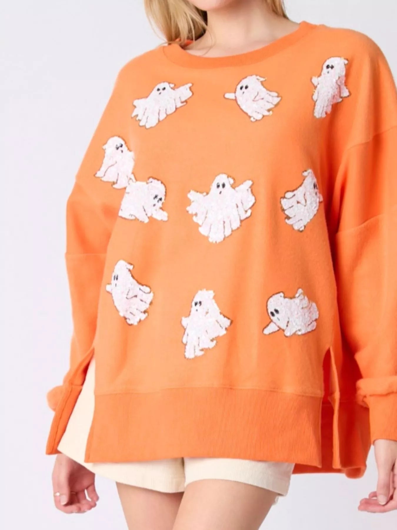 Halloween Sequin Ghost Oversized Sweatshirt OutfitFlow