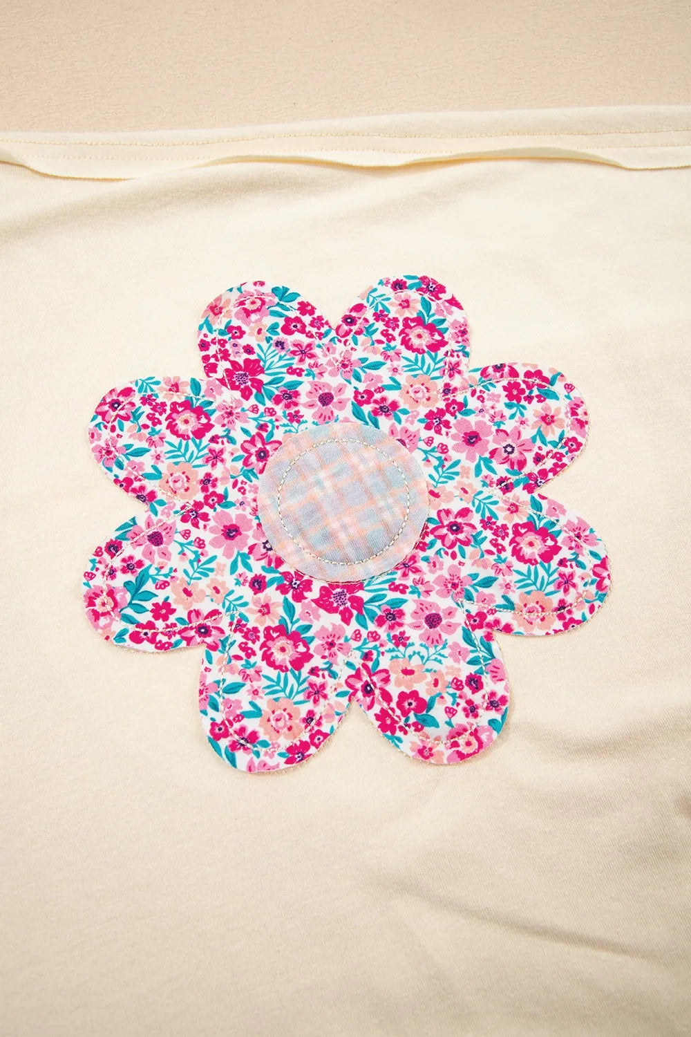 Flower Patched Exposed Stitching Trim Crew Neck Loose Tee OutfitFlow