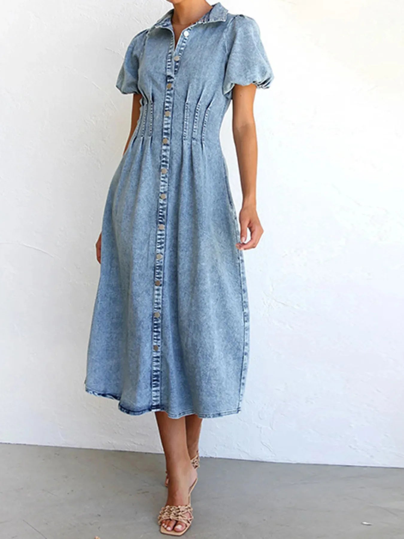 Puff Sleeve Button Front Denim Midi Dress OutfitFlow