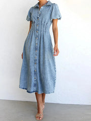 Puff Sleeve Button Front Denim Midi Dress OutfitFlow