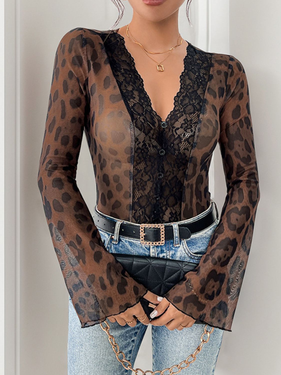 Outfit Flow - Perfee Leopard V-Neck Lace Bodysuit