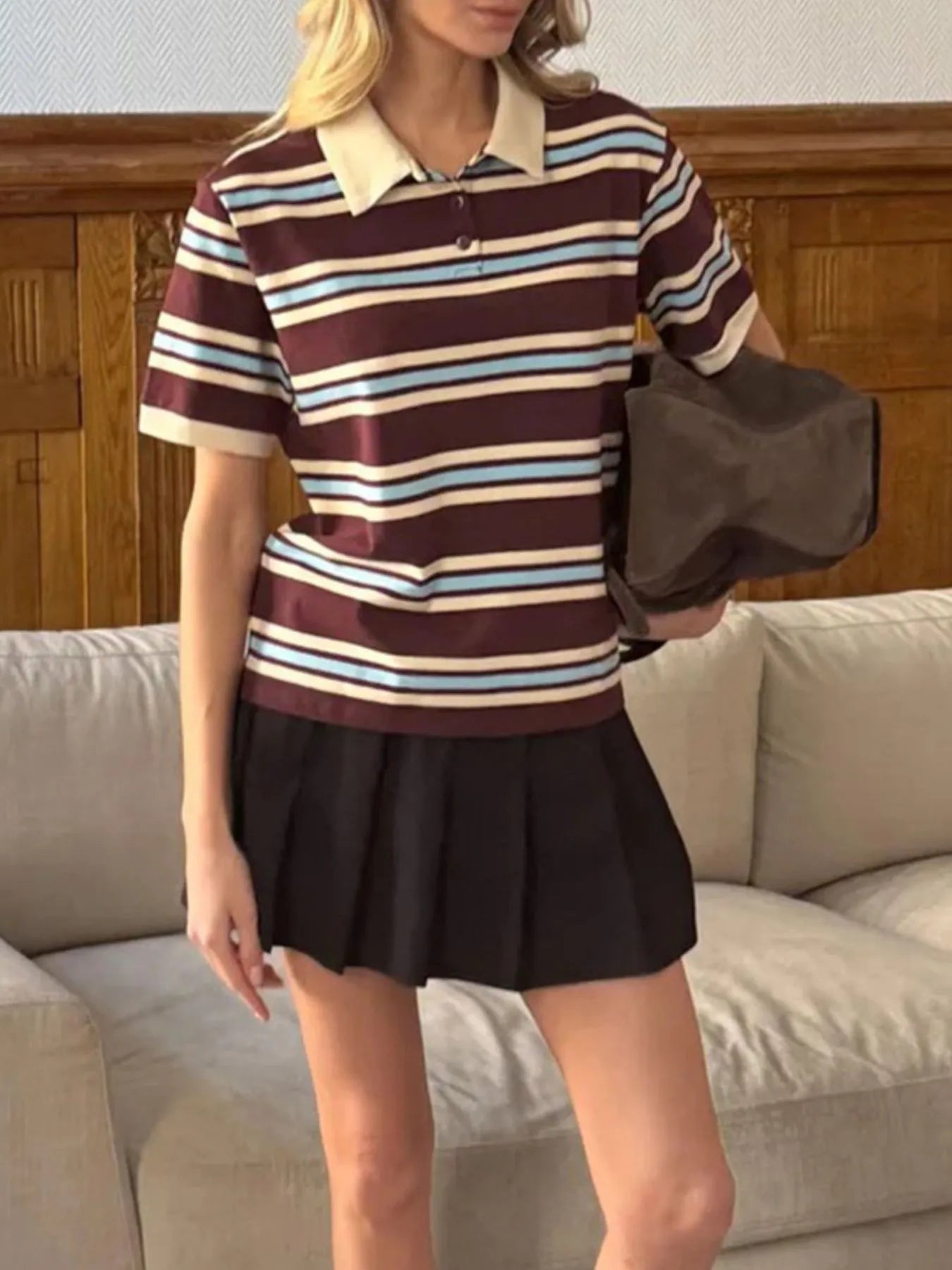 Striped Polo T-Shirt with Contrast Collar OutfitFlow