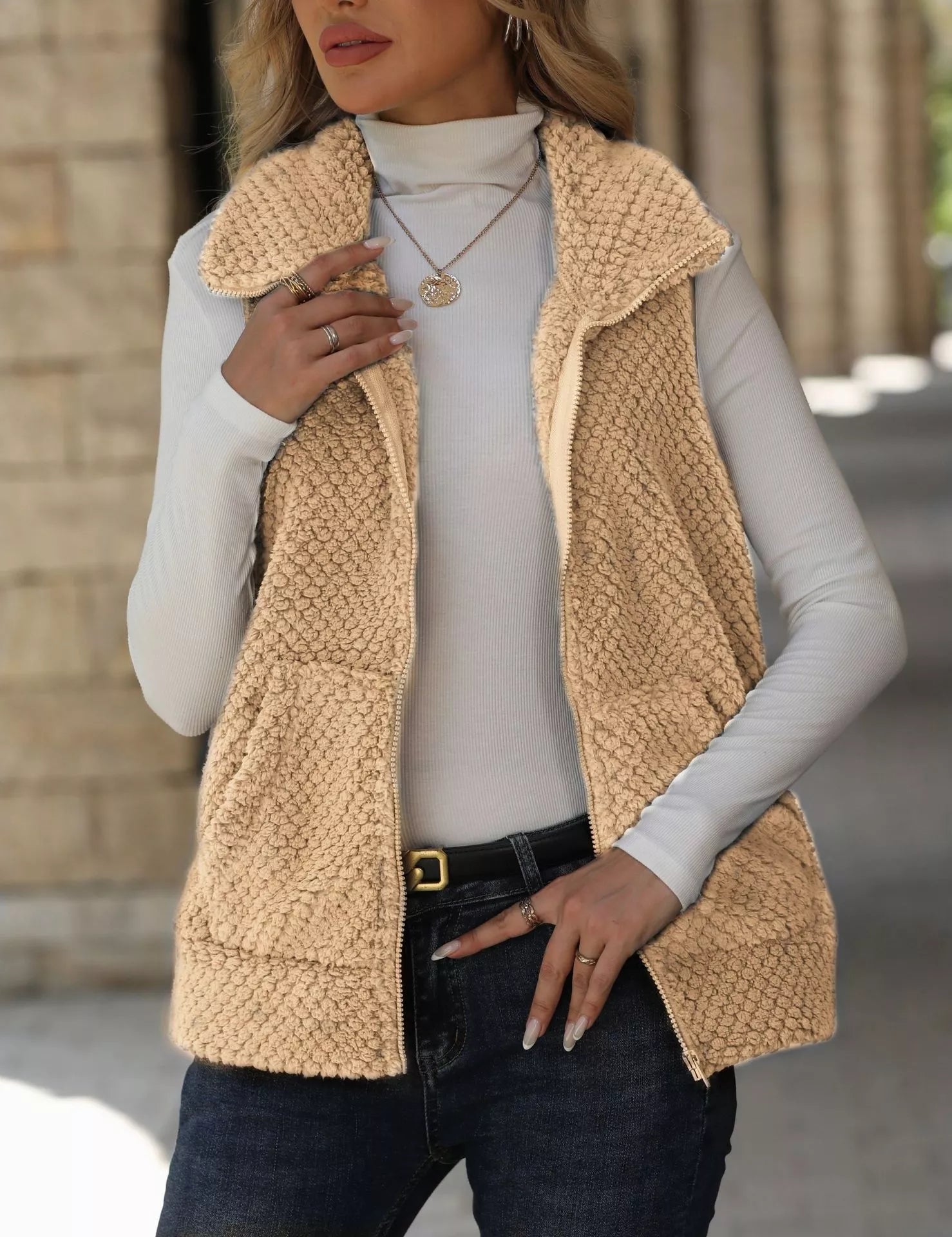 Zip-Up Vest Coat Apricot Trendsi