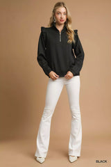 Umgee Cable Knit Textured Pullover with Ruffle Shoulders OutfitFlow