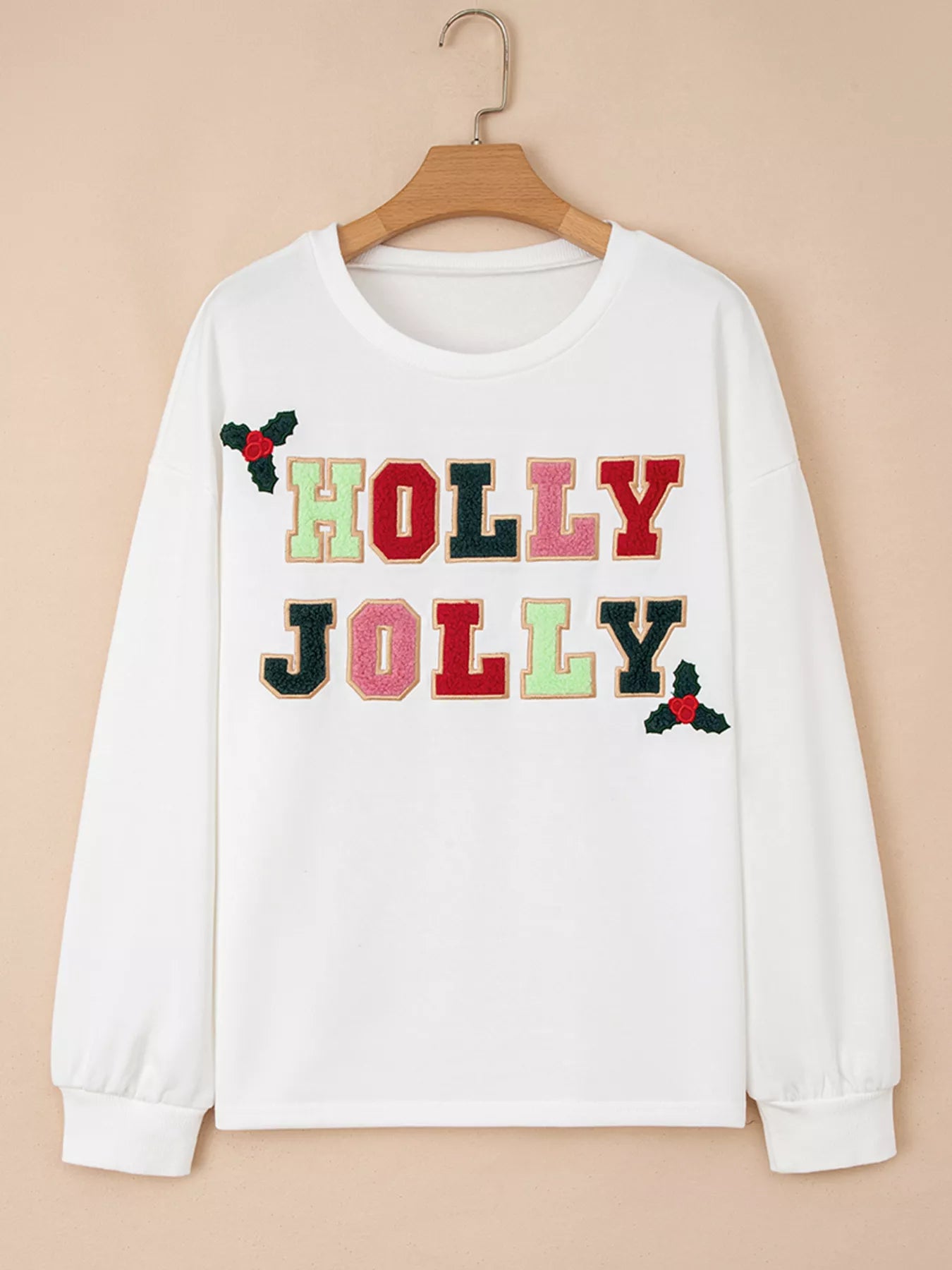 HOLLY JOLLY Embroidered Round Neck Sweatshirt OutfitFlow