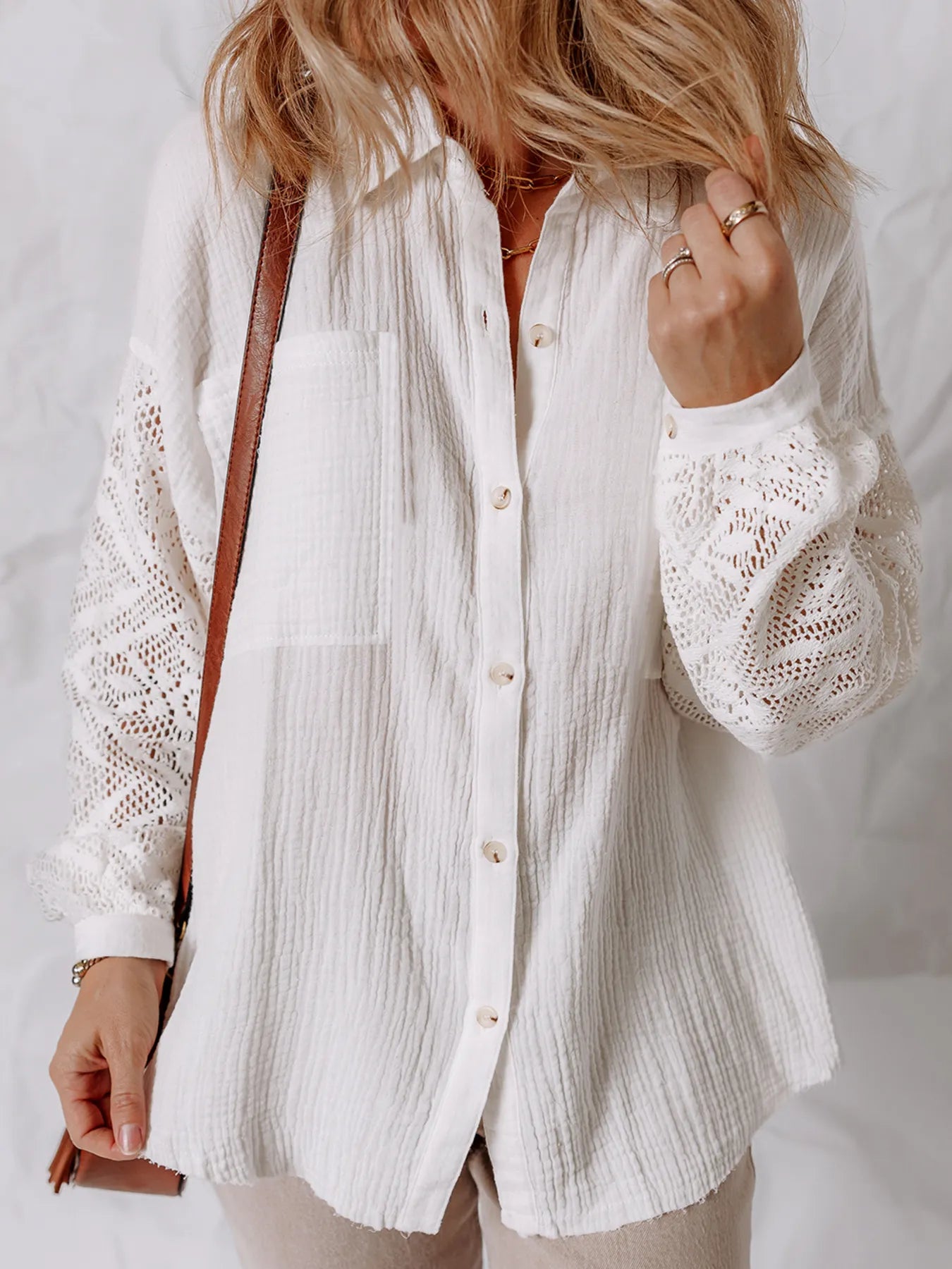 Lace Sleeve Button Down Shirt OutfitFlow