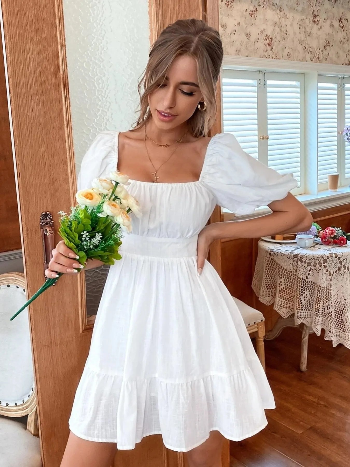 Square Neck Puff Sleeve Mini Dress OutfitFlow